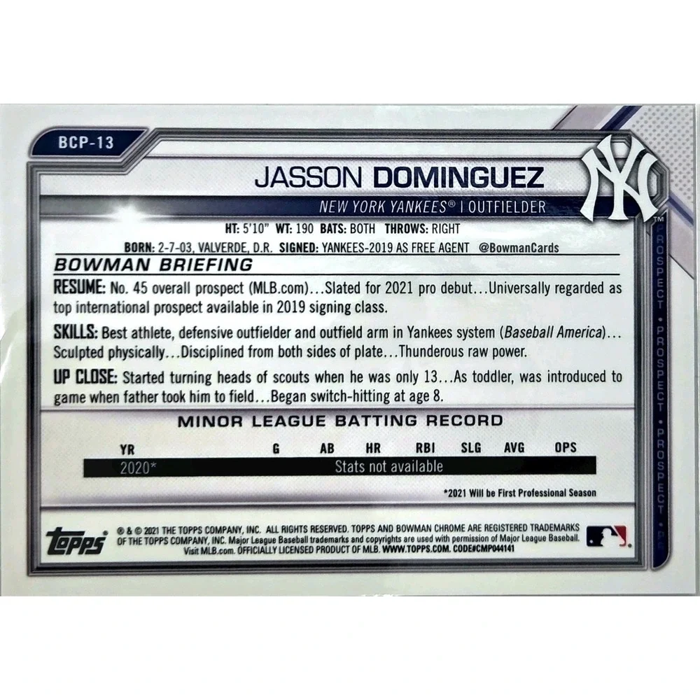 2021 Bowman - Chrome Prospects Jasson Dominguez #BCP-13 Blue Shimmer #/150